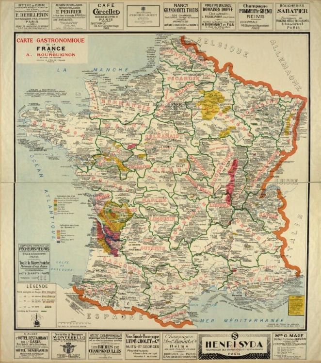 A old looking map of France. It has labels with detailed names of food specialties from each regions.
