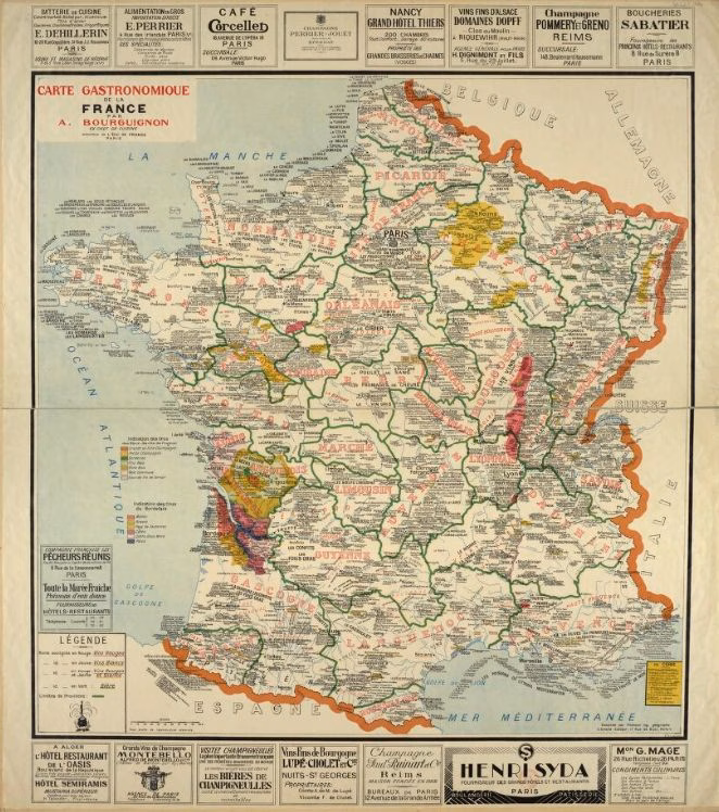 A old looking map of France. It has labels with detailed names of food specialties from each regions.